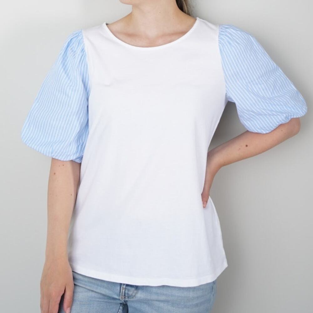 Talbots Blue Striped Puff Sleeve White Top Button Keyhole Back Preppy Spring EUC